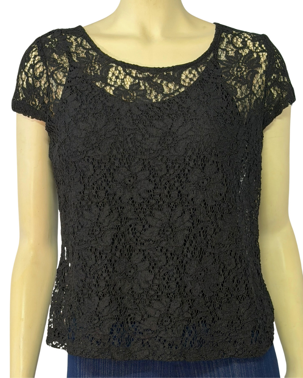 INC Sz 6 Short Sleeve Blouse Lace Overlay Zip-Up Back Black Whimsygoth Romantic